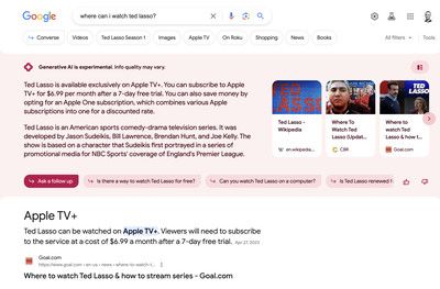 Una captura de pantalla de la Experiencia Generativa de Búsqueda de Google mostrando resultados para la consulta: “where can I watch Ted Lasso?”