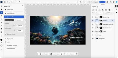Captura de pantalla de la experiencia en línea de Photoshop de Adobe, con una imagen de un buzo.