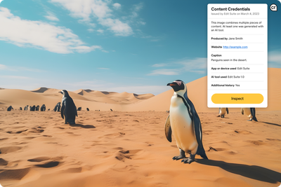 Una imagen de pingüinos en un desierto, con credenciales de contenido atribuidas.